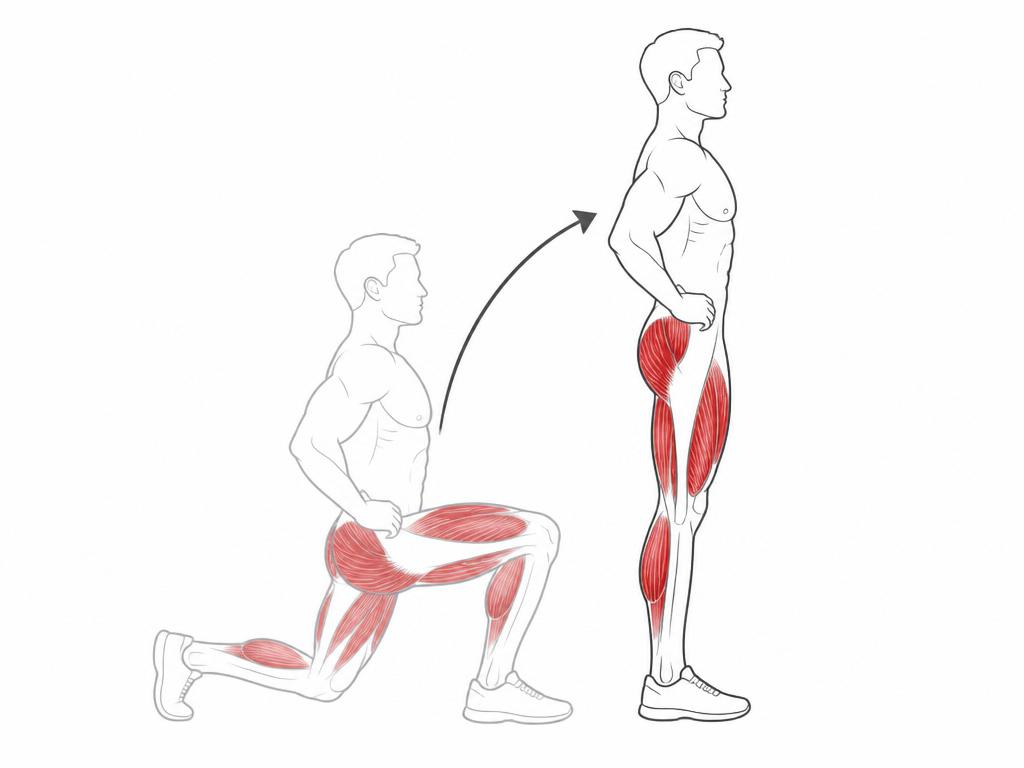 Schéma anatomique stylisé montrant deux positions d'exercice avec muscles sollicités en rouge